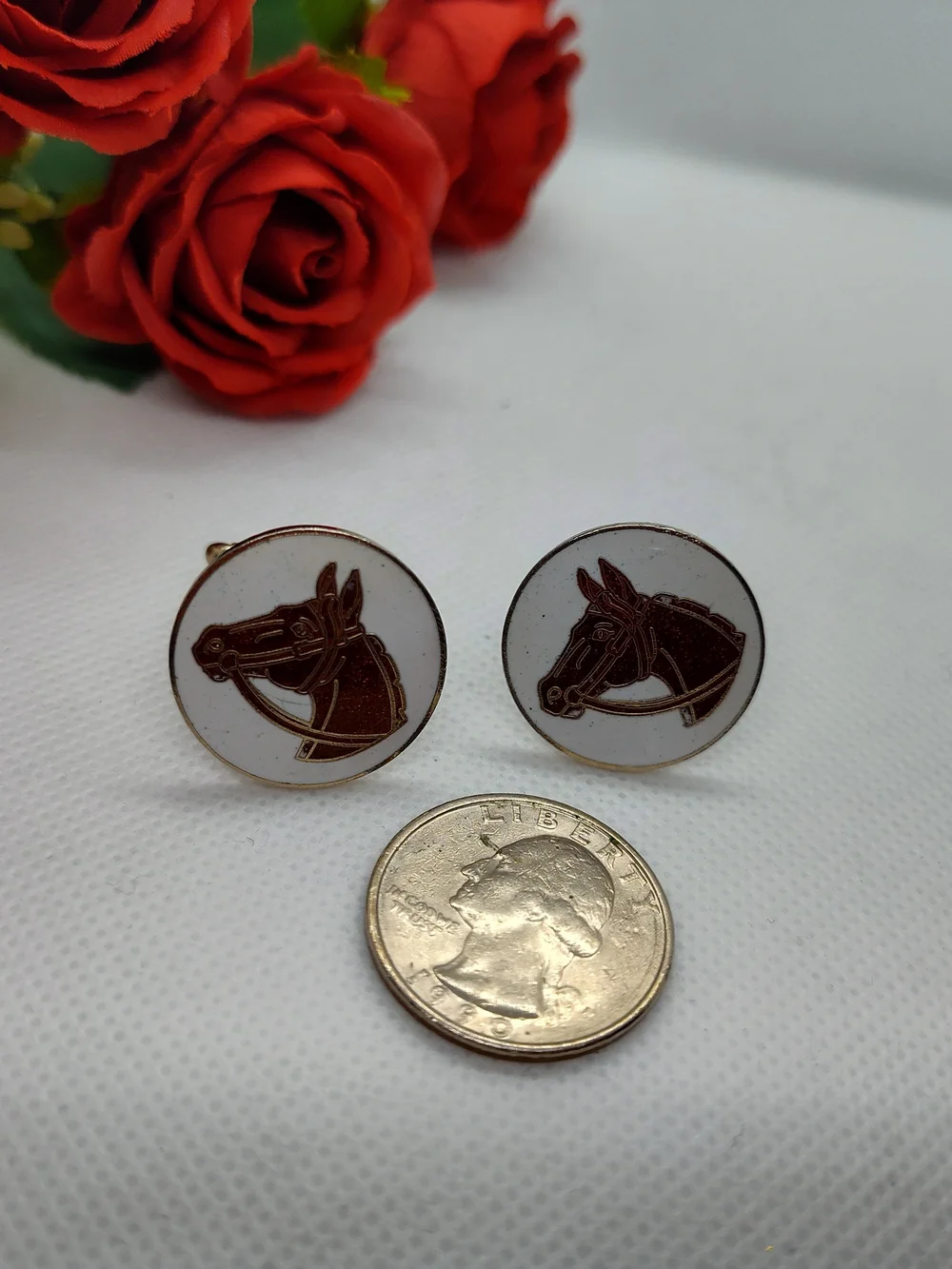 Vintage Equestrian Horse Head Enamel Cufflinks in Brown and White